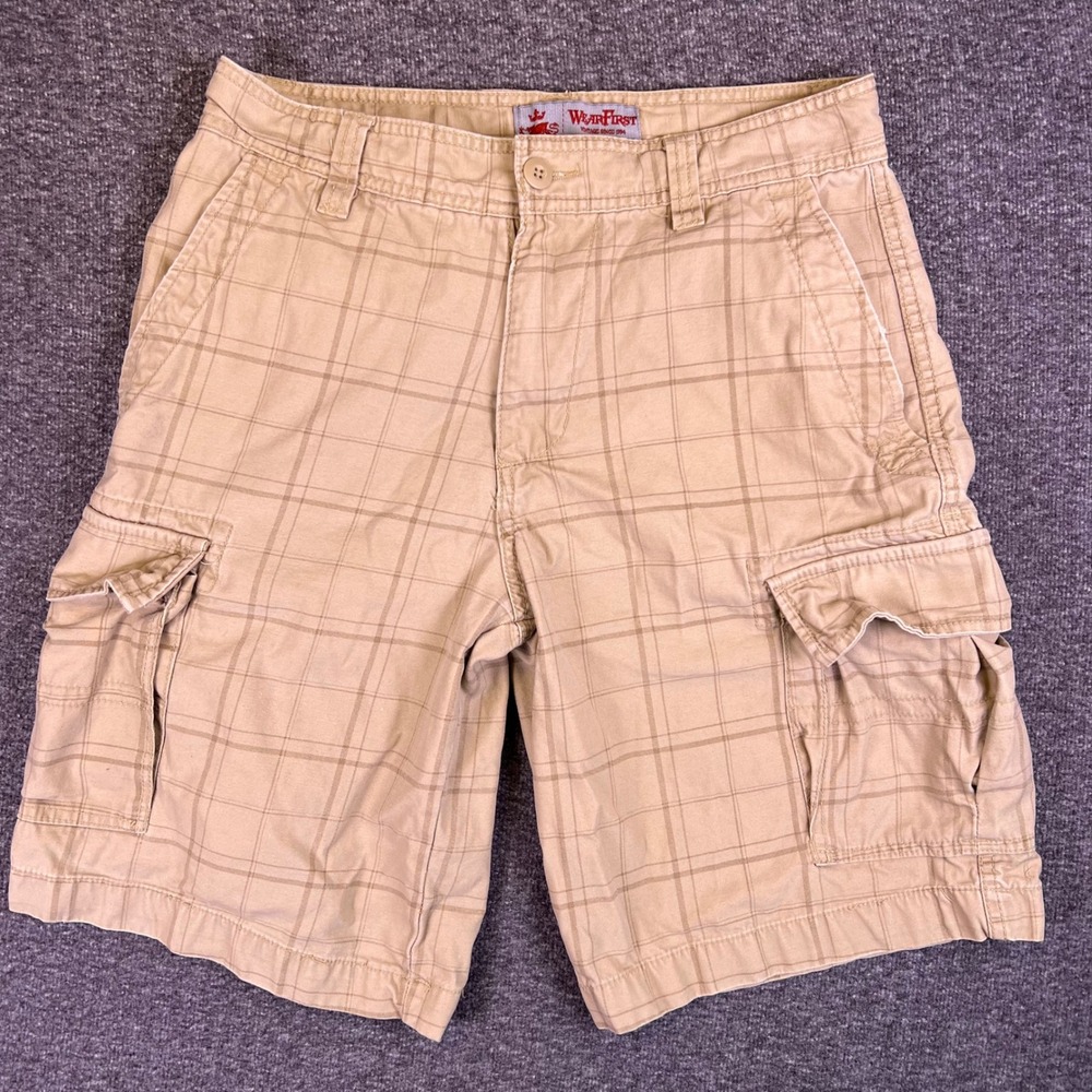 WearFirst Shorts‎ Mens 32 Tan Plaid Casual Cargo Outdoor Utility Hiking Pocket